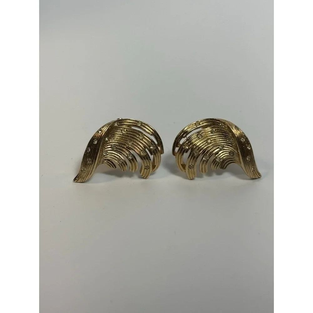 Earrings Statement‎ Pieces Vintage Elegant Gold Tone Rhinestone Feather